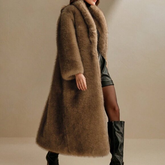 Brown Casual Women's Fluffy Shaggy Faux Fox Fur Collar Long Coat - Picture 7 of 8